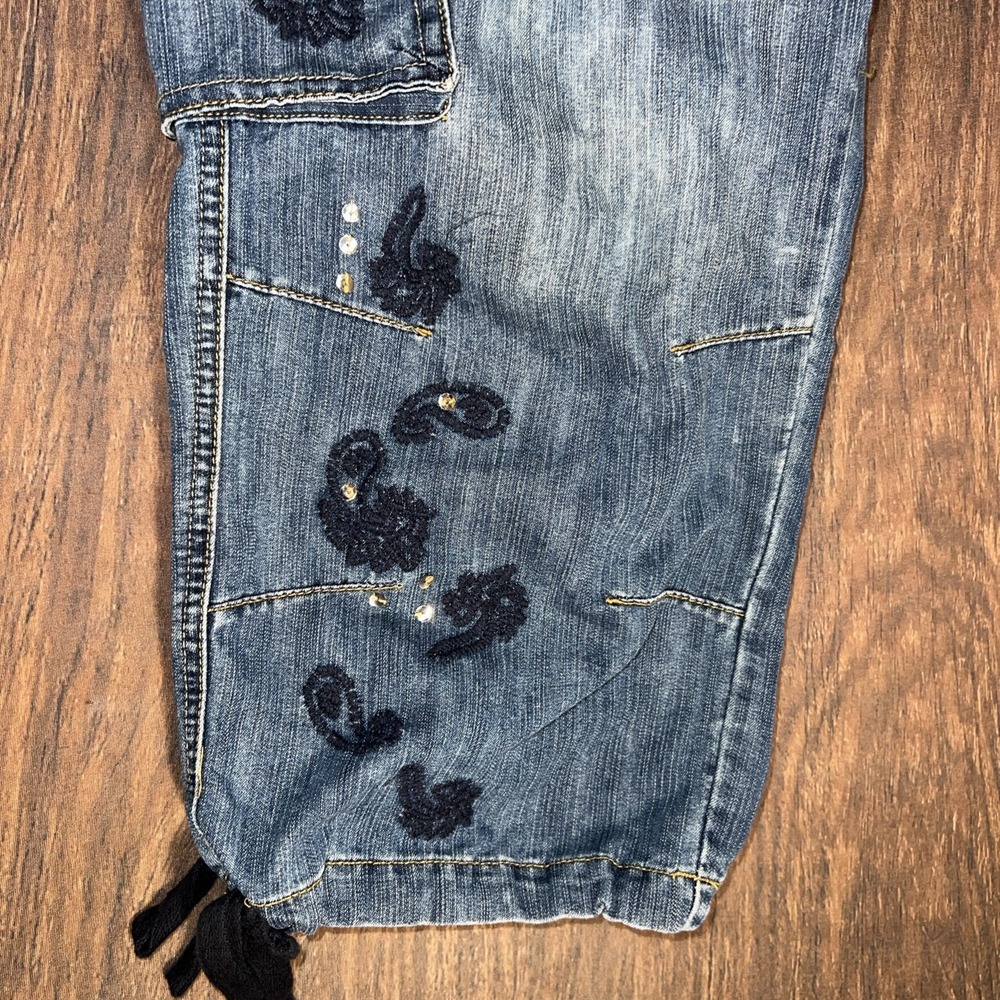Vintage Y2K Faded Glory Womens Baggy Cargo Capri Blue Jean Embroidered Size 16W - Picture 3 of 10